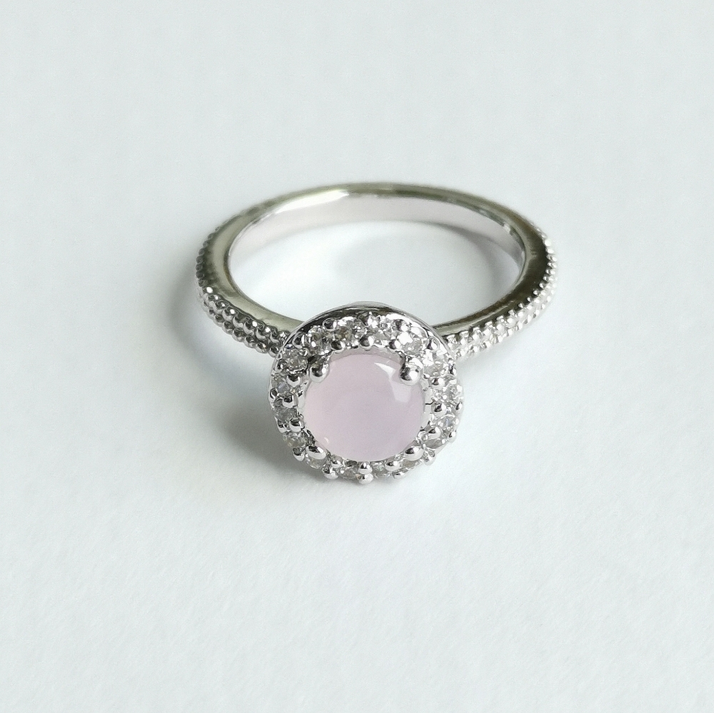 Rose Quartz CZ 14K White Gold Vermeil Ring Filigree Size 7 🆕